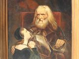 an old painting of a man and a woman sitting in a chair