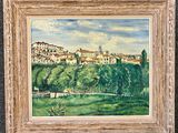 an oil painting of a view of a town from a hill