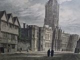 a painting of a building with a clock tower in the background