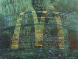an oil painting of a bridge over a pond of water