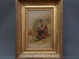 un vieux tableau représentant un homme avec une canne et un chien