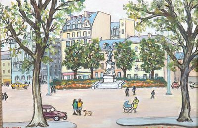 tableau représentant une place de ville où des gens se promènent et promènent leurs chiens