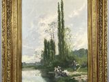 un tableau représentant une scène fluviale avec un groupe de personnes à bord d'un bateau