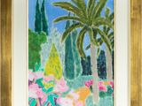 a painting of palm trees and flowers in a gold frame