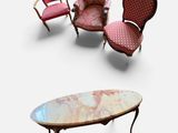 three chairs and a table that are sitting on a white surface