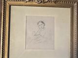 a drawing of a woman in a white dress in a gold frame