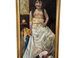 une peinture à l'huile représentant une femme en robe blanche assise devant un miroir