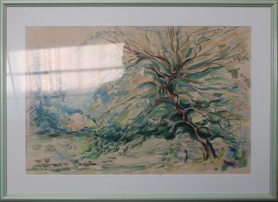 tableau représentant un arbre dans un paysage enneigé, avec une fenêtre en arrière-plan