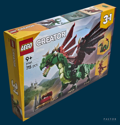 une boîte de Lego Creators avec un dragon vert dessus