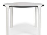 a close up of a white table with a black top