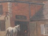 a painting of a horse standing in front of a building
