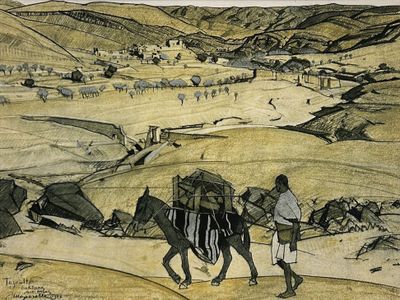 painting of a man walking with a donkey and a cart in the desert