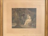 painting of a man and a woman sitting on a bench in a wooded setting