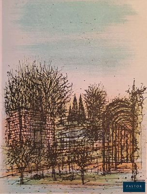 dessin représentant un paysage avec des arbres et une clôture au premier plan