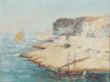 a painting of a boat on the water near a shore