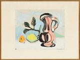 a picture of a painting of a pitcher and a lemon