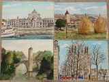 tableau représentant quatre tableaux d'une ville avec un pont et une église