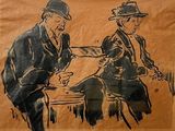drawing of two men sitting at a table with a knife in their hand