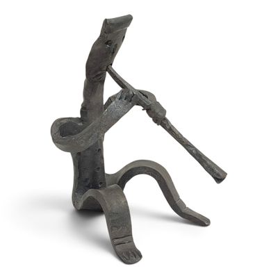 statue of a man holding a wooden stick with a snake around his neck