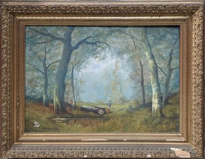 une image représentant un tableau montrant un bateau dans un cadre boisé