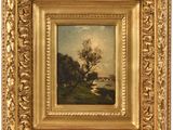 a painting of a landscape with trees and water in a gold frame