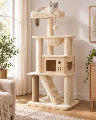 Le chat est assis tout en haut de l'arbre à chat dans le salon.