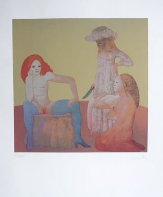 a painting of a woman sitting on a stool with a knife in her hand