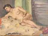 tableau représentant un homme nu allongé sur un lit dans une chambre