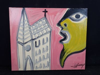 une photo d'un tableau représentant un homme et un bâtiment