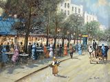 a painting of a street scene with people walking down the street