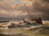 a painting of a ship that is sinking in the water