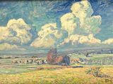 un tableau représentant un champ avec des vaches au loin