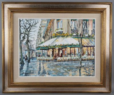 painting of a cafe on a rainy day in the city