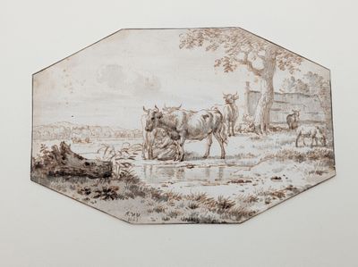 a picture of a painting of a man plowing a field