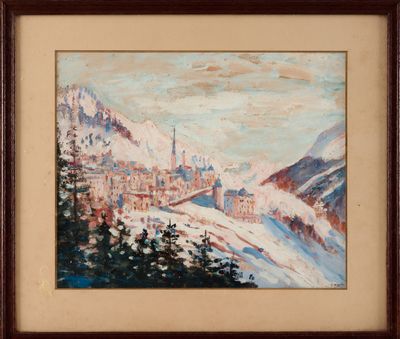 une peinture à l'huile représentant un paysage de montagne enneigé avec une ville au loin