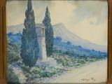 an oil painting of a church in the middle of a country road