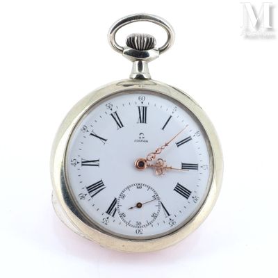 a silver pocket watch with roman numerals on it