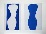 two blue and white images of a woman ' s torso and a man ' s torso