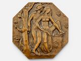 an image of a bronze plaque depicting a woman and a man