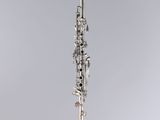 a silver and black clarinet on a white surface