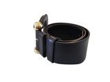 black leather belt with brass buckle on a white background