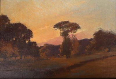 une peinture à l'huile représentant un paysage avec des arbres au premier plan