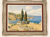 une image représentant un tableau représentant un paysage avec un bateau sur l'eau
