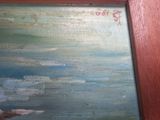 an oil painting of a boat in the ocean with a sky background