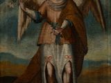 an old painting of an angel holding a flower in his hand