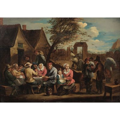une peinture à l'huile représentant un groupe de personnes assises autour d'une table