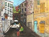 un tableau représentant deux personnes marchant dans la rue