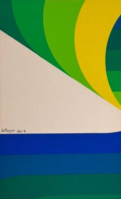 abstract painting of a green, yellow, blue and white wave