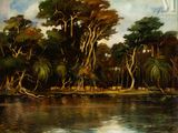 peinture représentant une rivière avec des arbres au premier plan