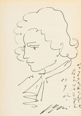 dessin représentant le portrait d'un homme aux cheveux bouclés, portant une chemise à col